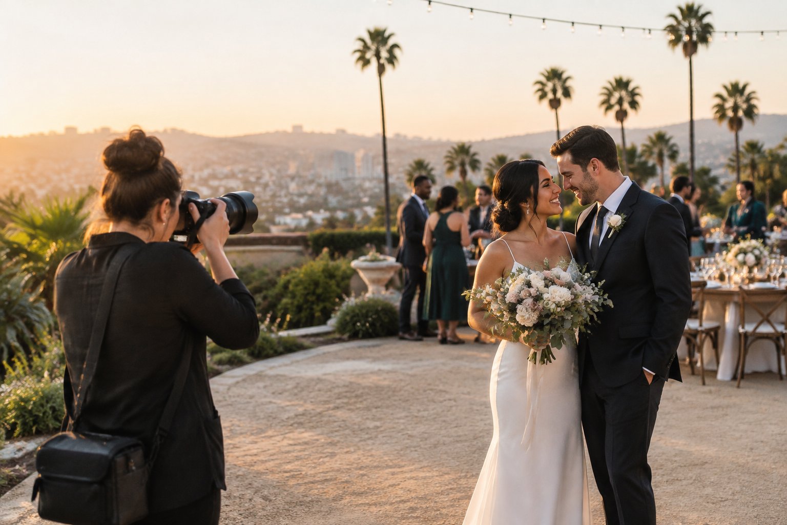 A wedding photographer captures a newlywed couple at an outdoor Los Angeles reception.