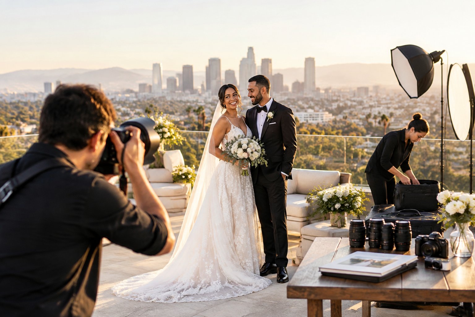 A wedding photographer captures a newlywed couple on a sunny Los Angeles rooftop while photography equipment sits nearby.