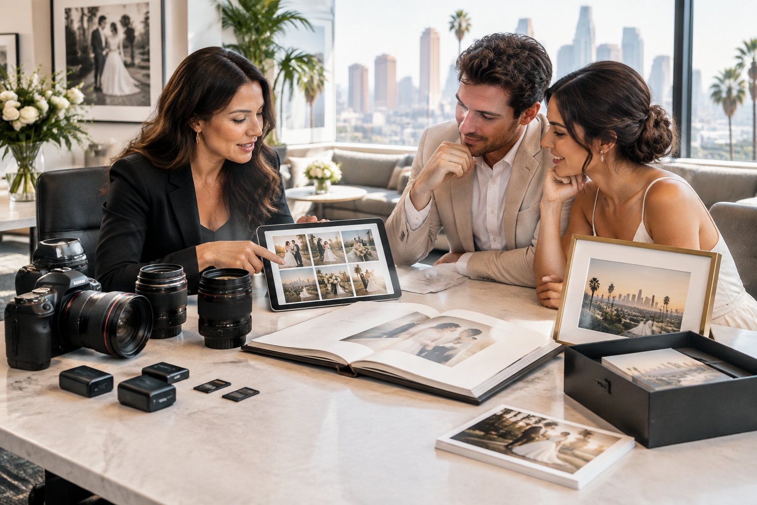 A wedding photographer discusses optional services with an engaged couple beside professional camera equipment, albums, and framed photographs.