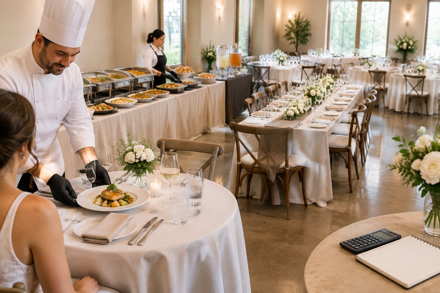 An elegant wedding reception with catered meals arranged on tables for a large group of guests.