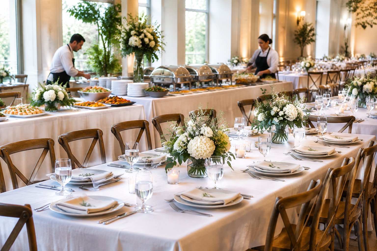 A wedding reception dining area with banquet tables, place settings, floral centerpieces, and a buffet prepared by caterers.