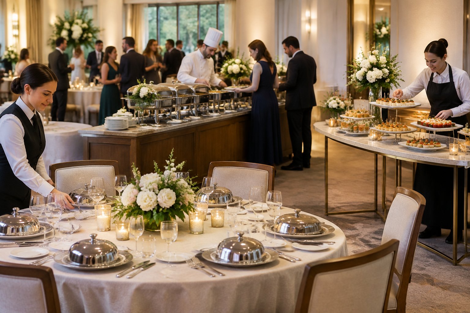 Wedding reception with plated dinner service, a buffet station, and cocktail-style appetizers.