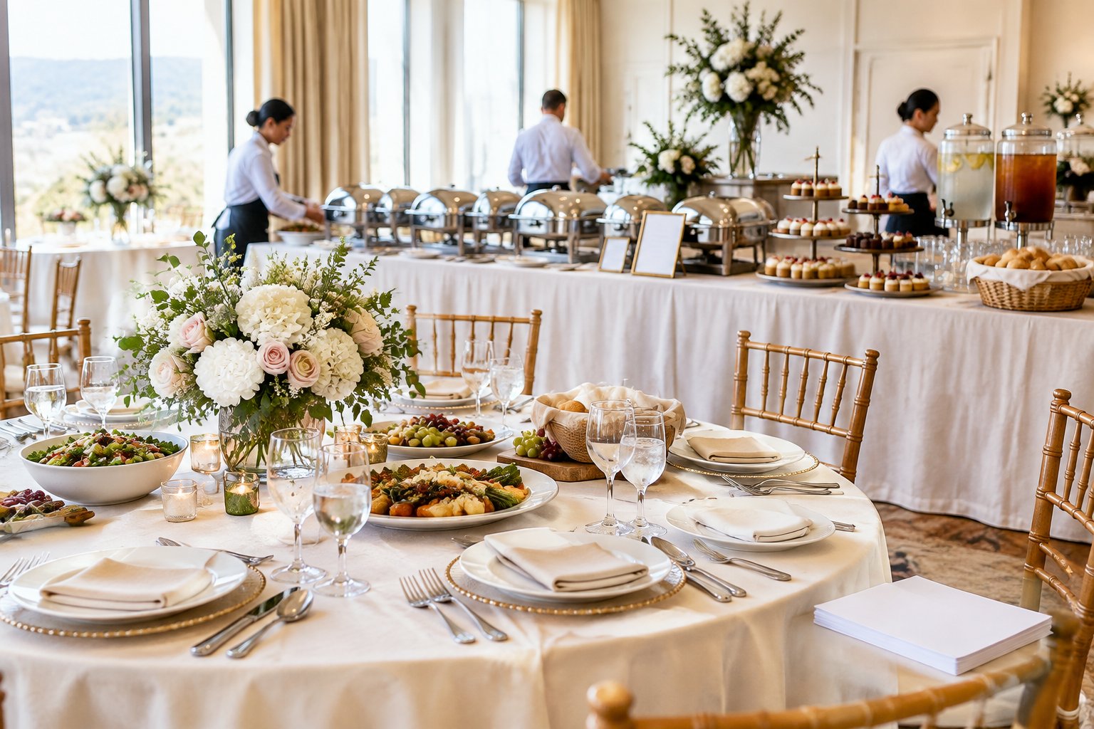 An elegant wedding reception table and buffet being prepared by catering staff.