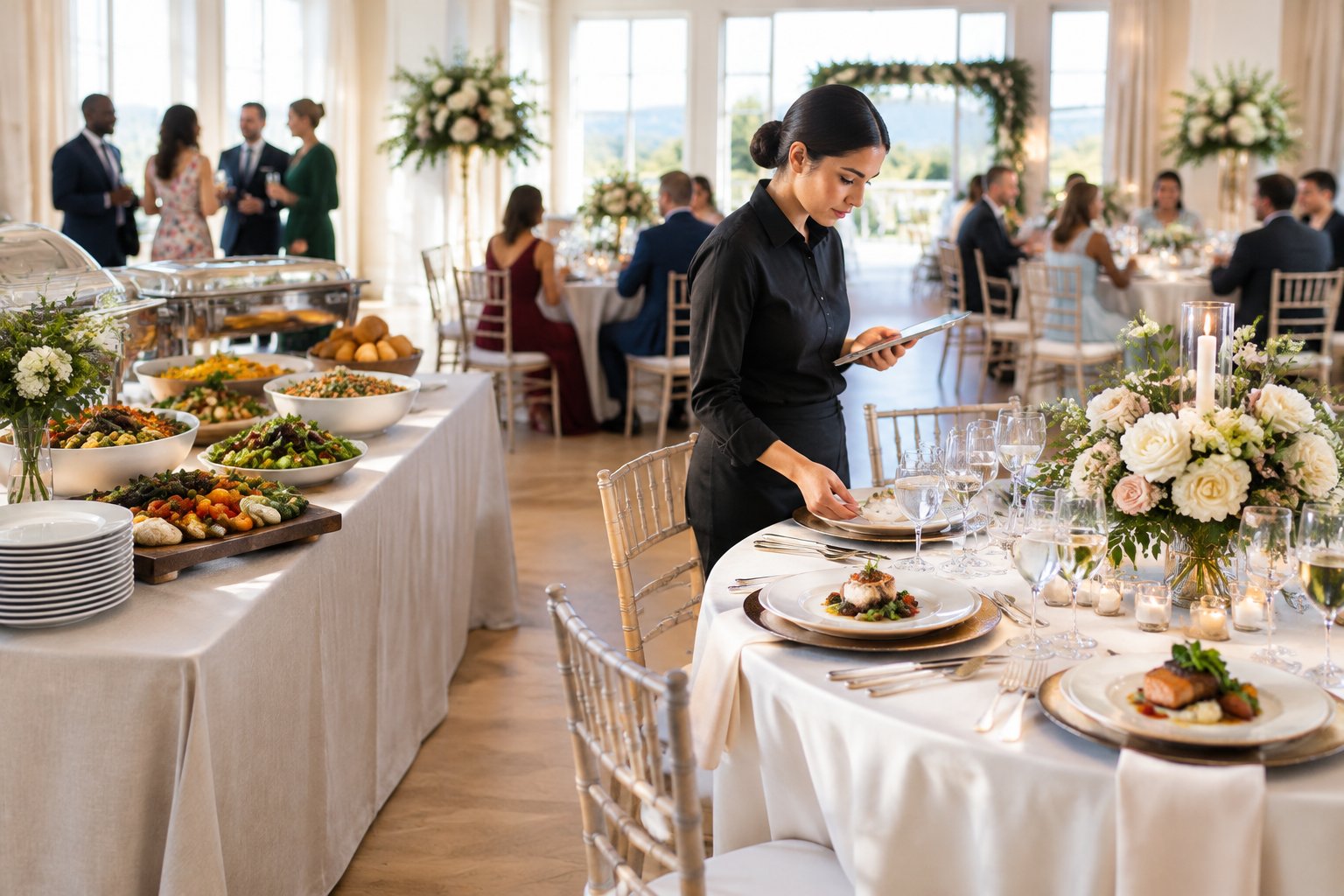 Wedding reception tables showing simple buffet options alongside upgraded plated catering and elegant table settings.