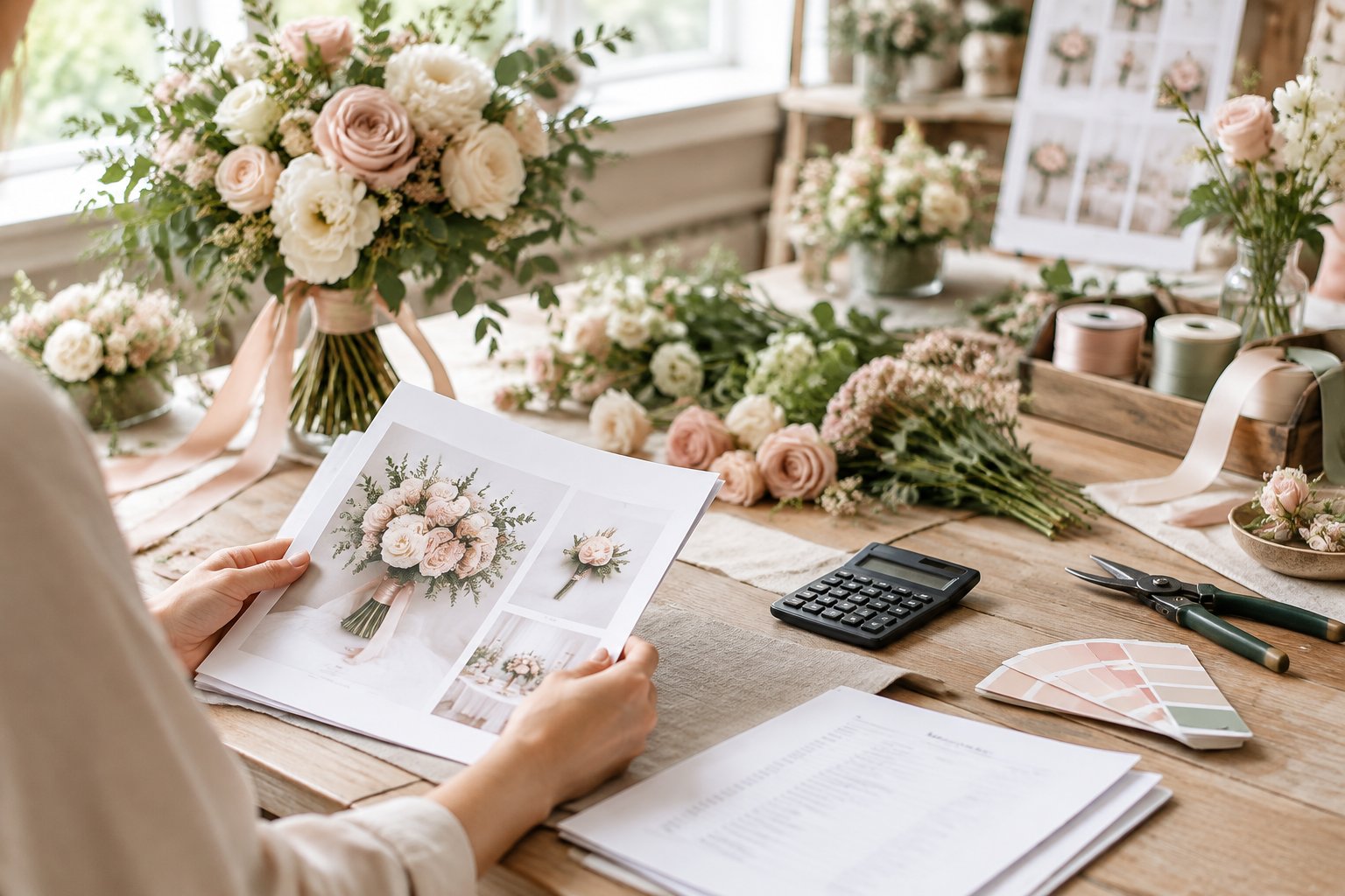 A florist prepares a wedding bouquet and reviews floral planning materials at a worktable.