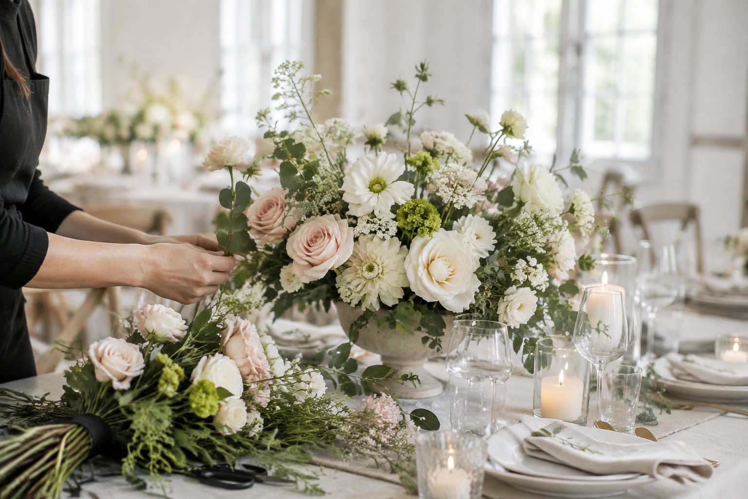 A florist arranges a soft-colored floral centerpiece on an elegantly set wedding reception table.