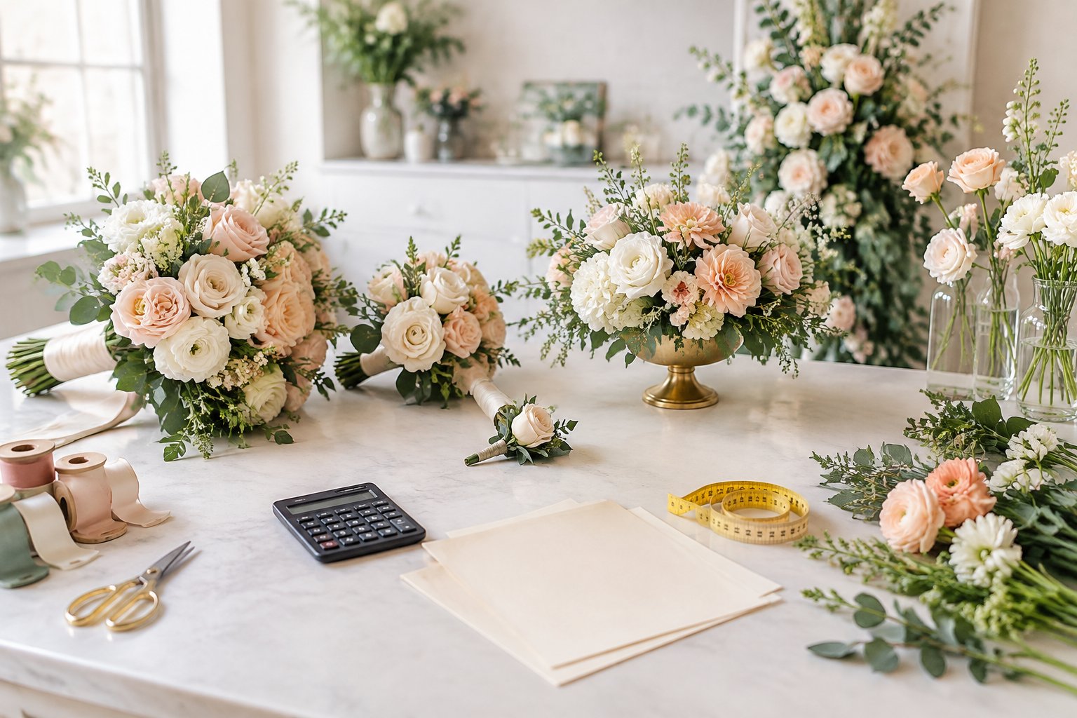 Wedding flowers and floral arrangements displayed on a florist’s worktable with planning materials.