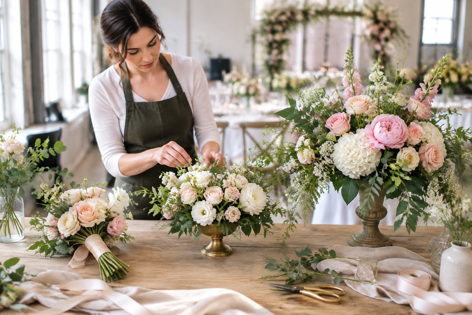 A florist compares simple and elaborate wedding flower arrangements on a studio worktable.