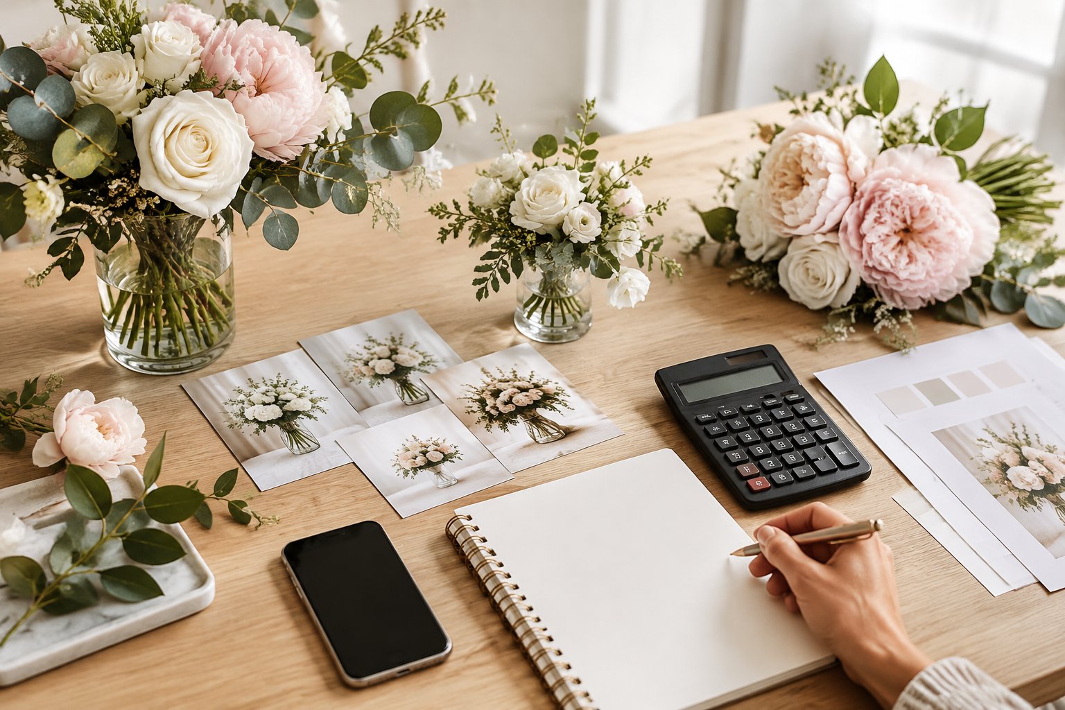 Wedding flowers and planning materials arranged on a table beside a calculator.