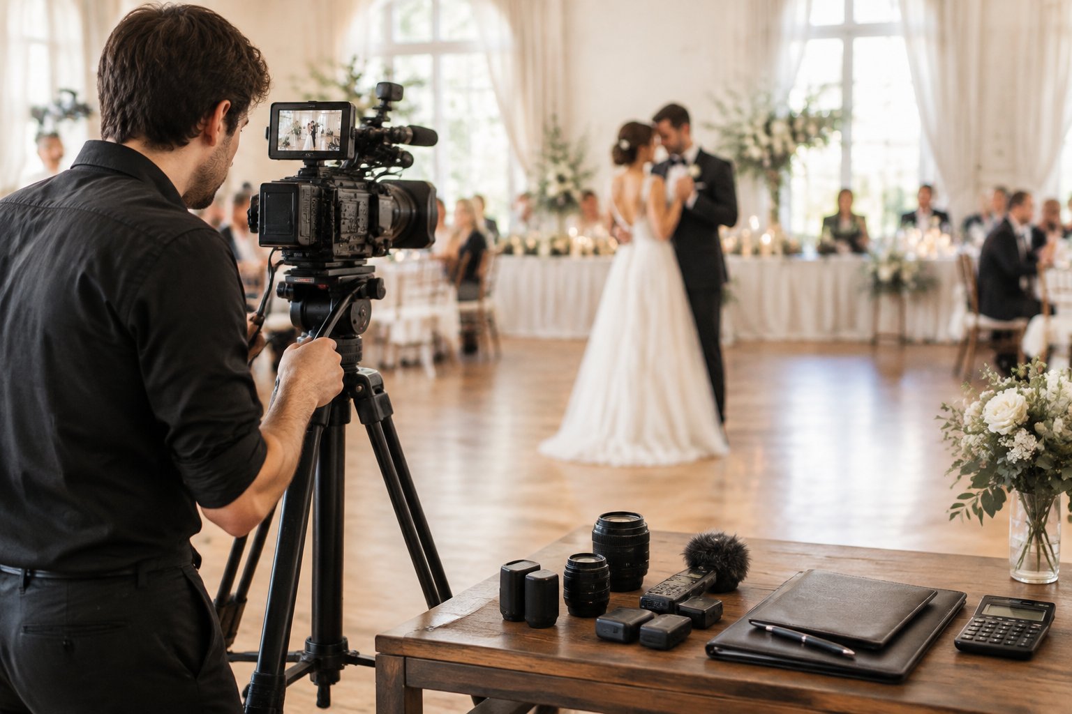 A wedding videographer films a couple during their first dance at an elegant reception.