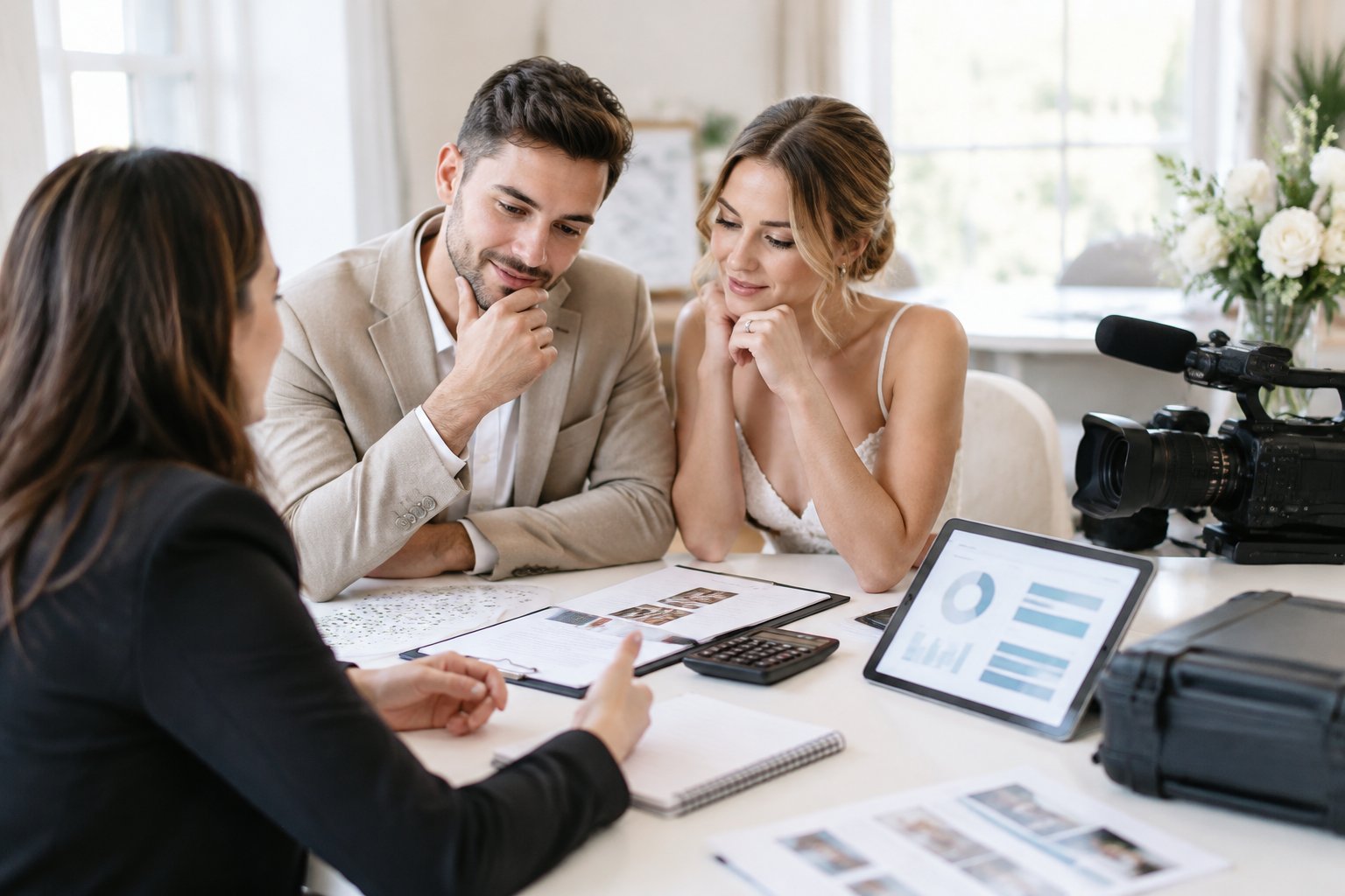 A couple reviews wedding videography options with a professional at a planning table.