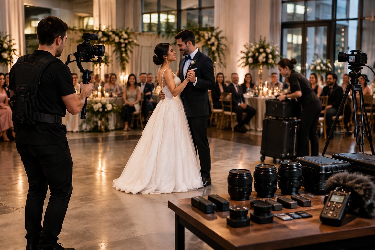 A wedding videographer records a couple’s first dance while another camera and organized equipment prepare for full event coverage.