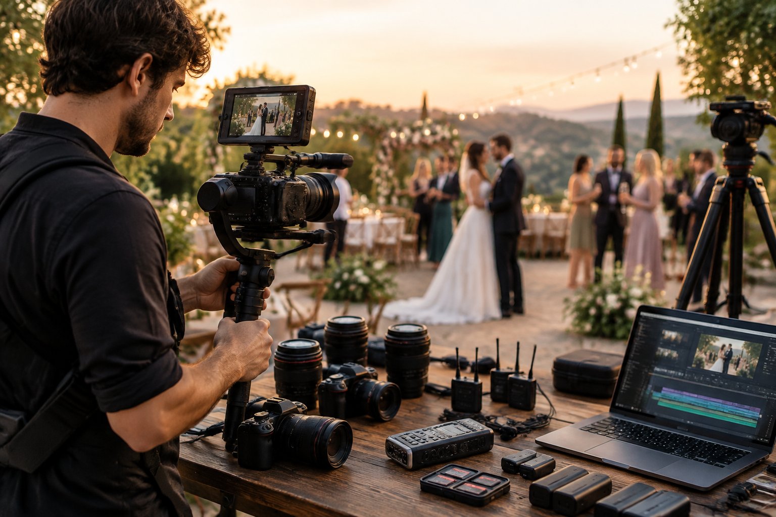 A wedding videographer films a reception while professional camera equipment and editing tools surround the scene.