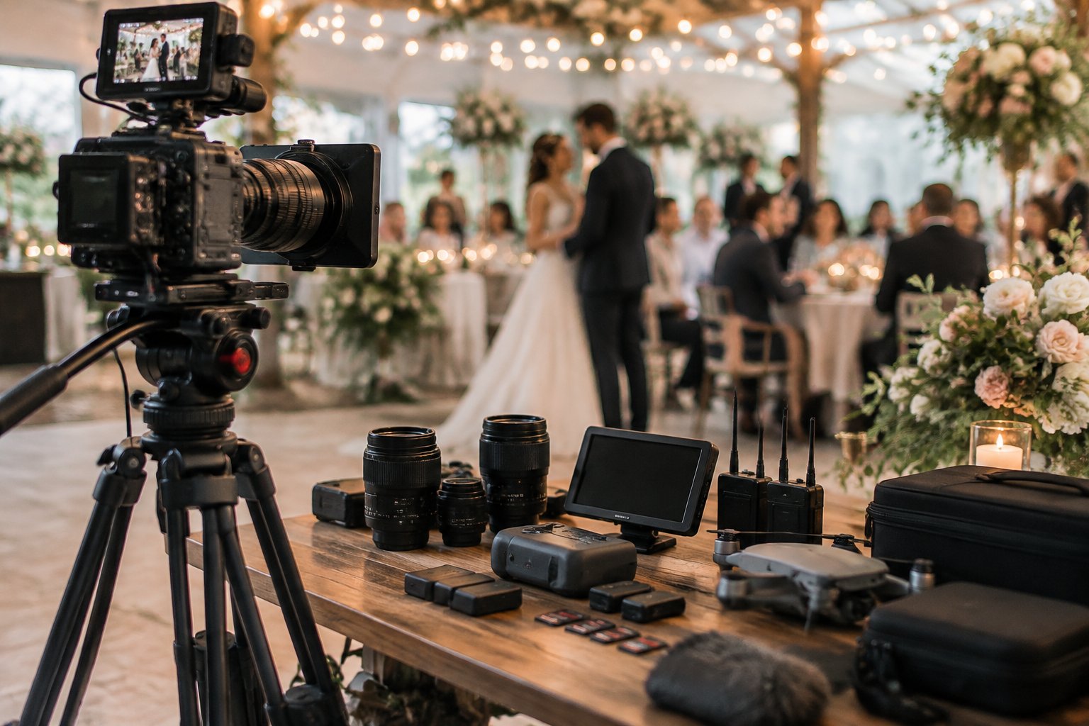 Wedding videography equipment arranged beside a decorated reception while a newlywed couple and guests socialize in the background.