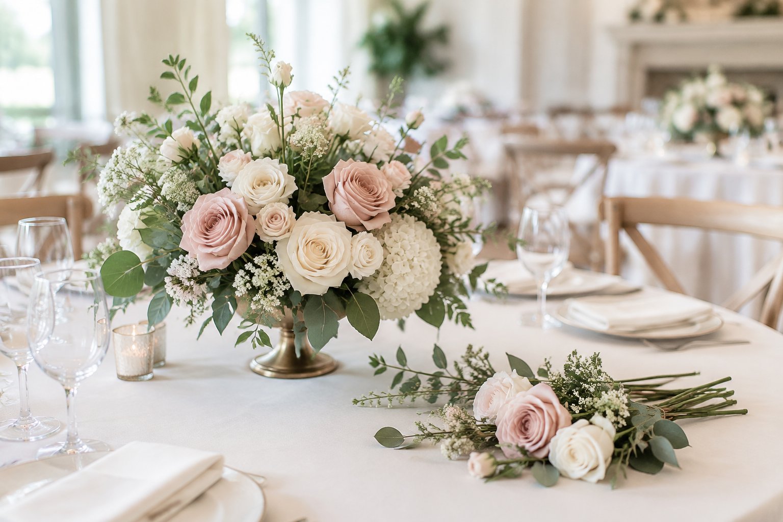 A floral centerpiece of white and blush flowers on an elegantly set wedding reception table.