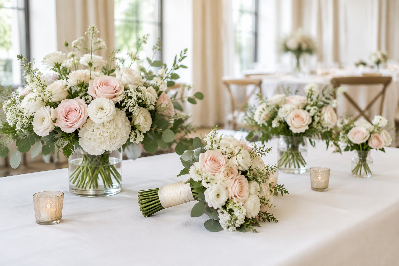 Wedding flowers arranged in bouquets and reception table centerpieces.