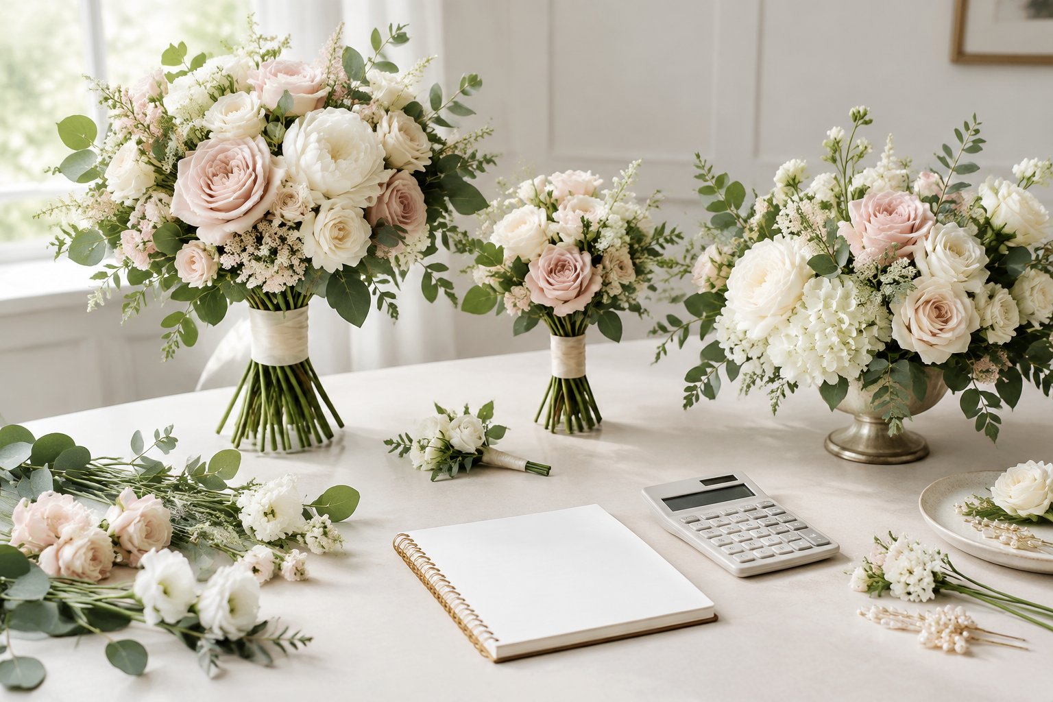 Wedding bouquets, a boutonniere, and reception flower arrangements displayed with a budget notebook and calculator.