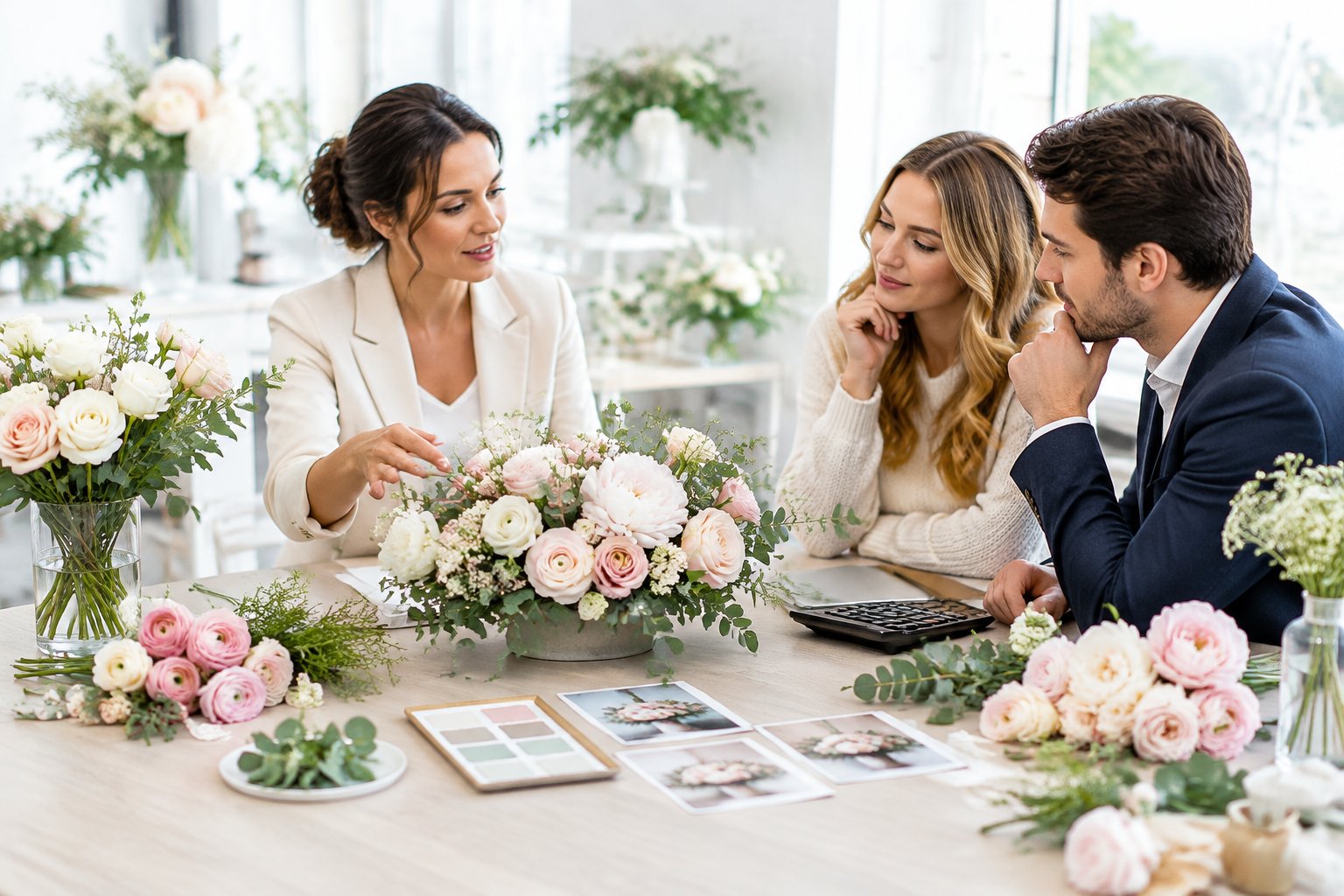 A florist discusses wedding flower options and arrangements with an engaged couple at a consultation table.