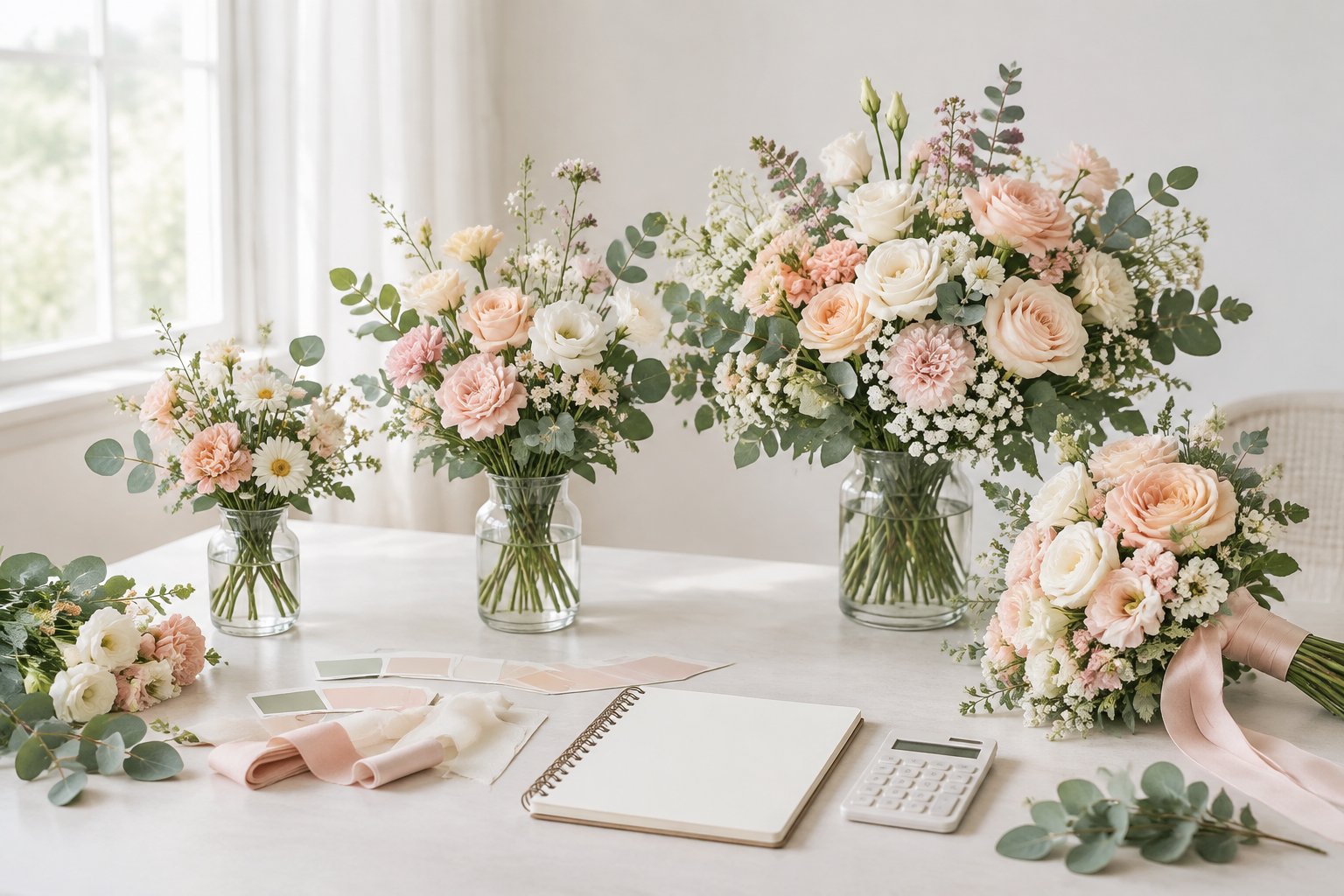 A selection of wedding flower arrangements in different sizes and styles displayed on a planning table.