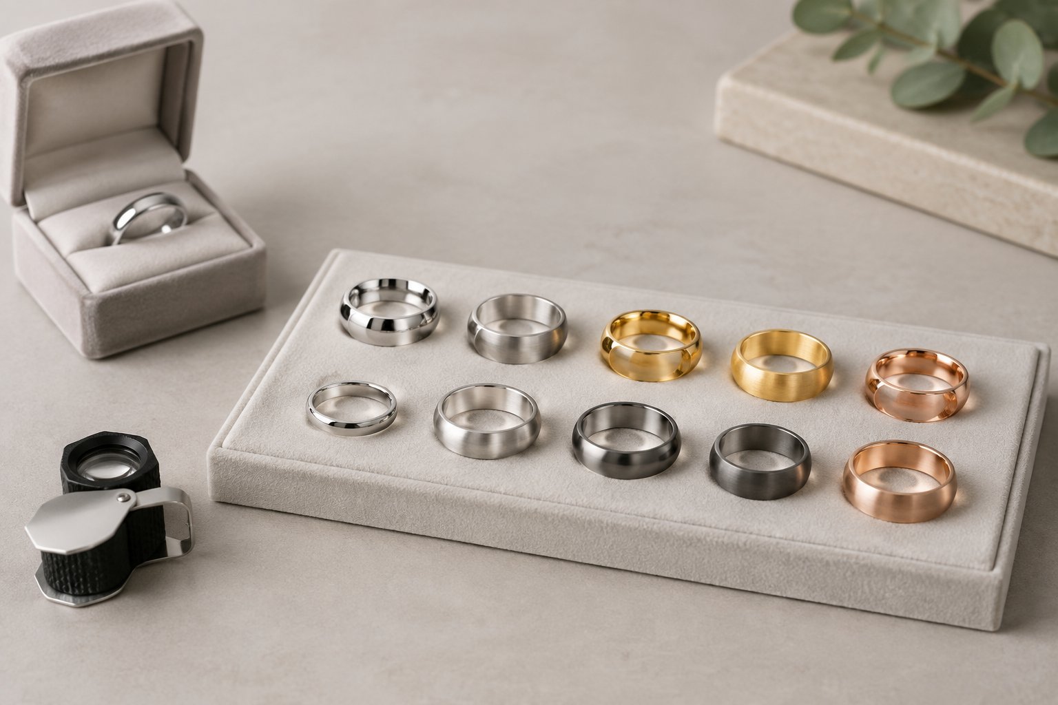 Several men's wedding bands in different metals arranged beside an open ring box.