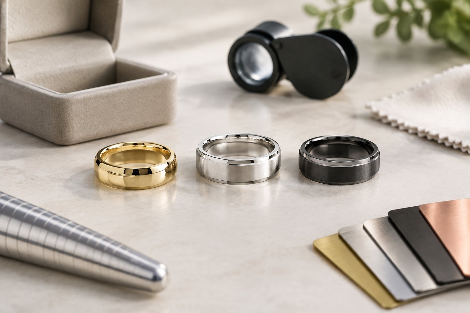 Several men's wedding bands in different metals arranged beside an open ring box and jeweler's tools.