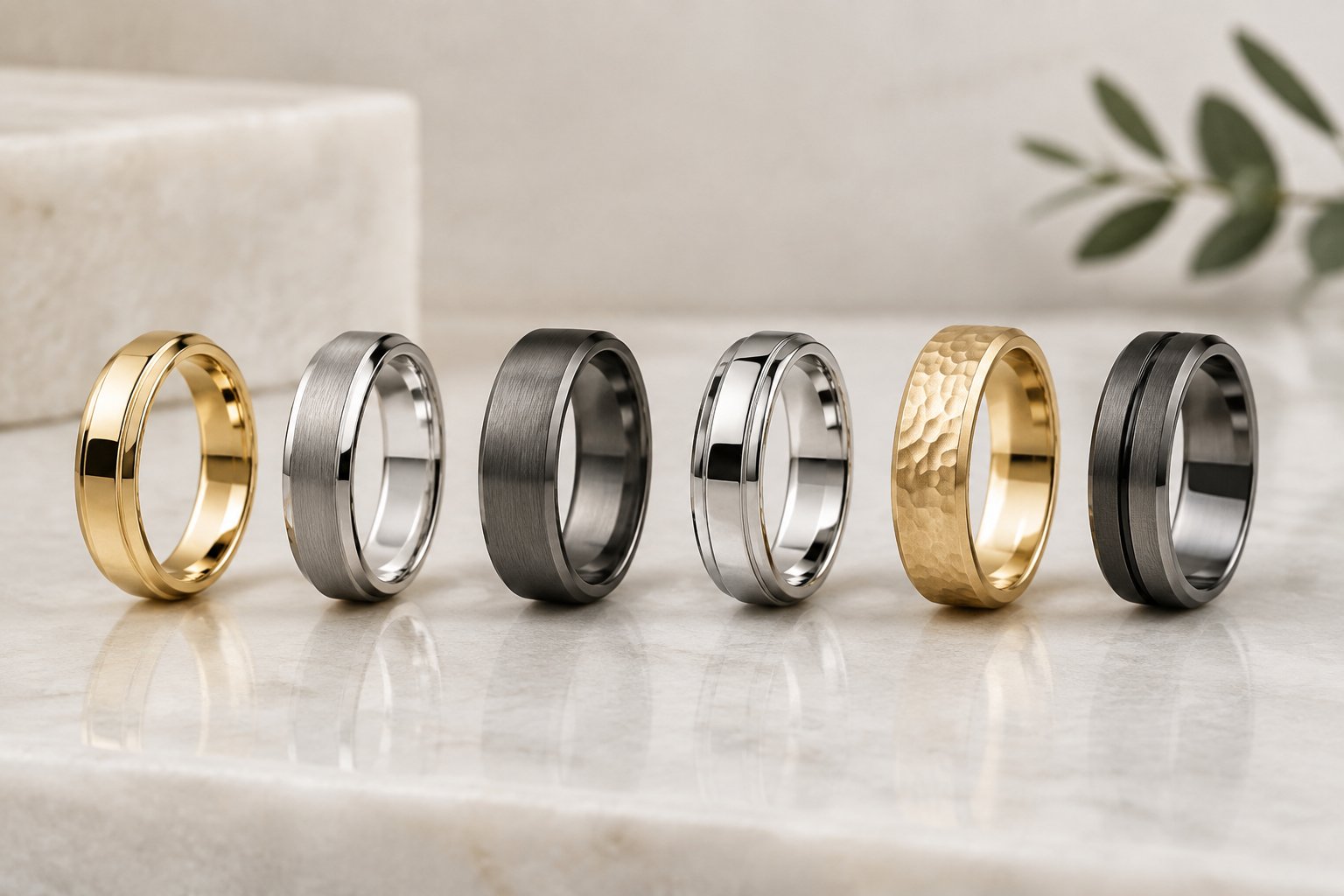 Several men's wedding bands made from different metals arranged on a jewelry display surface.