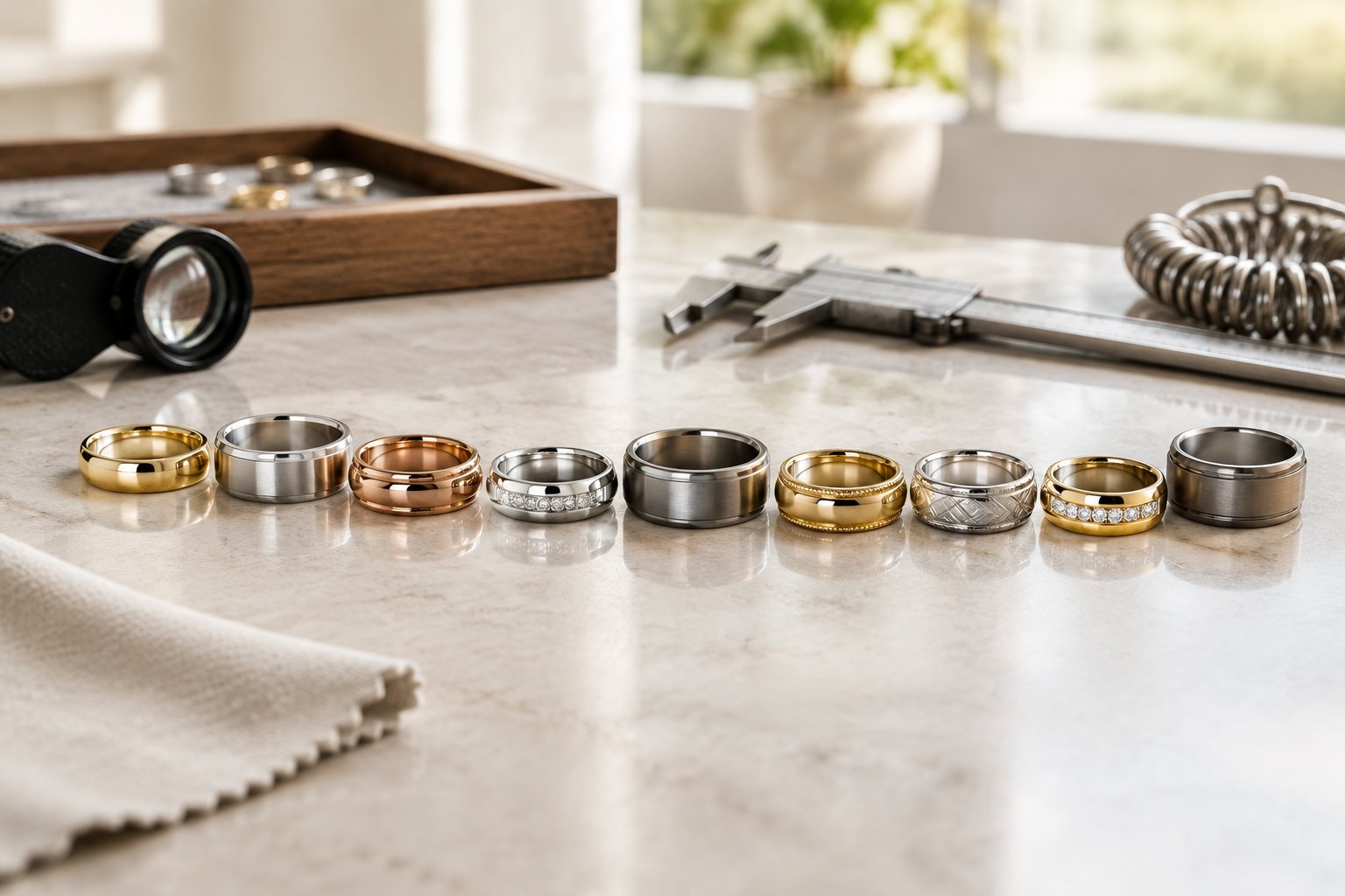 Men’s wedding bands in various metals and designs arranged on a jeweler’s workbench.