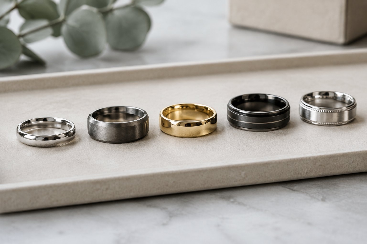 Several men's wedding bands in different metals and finishes arranged on a jeweler's tray.