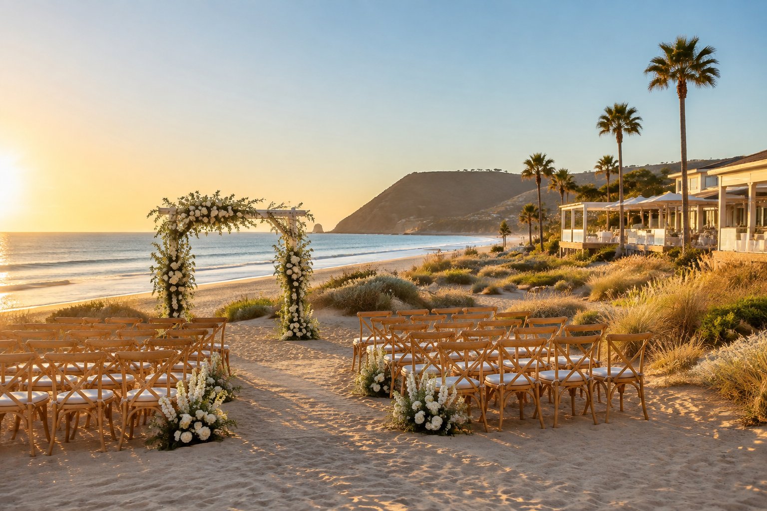 An elegant outdoor wedding ceremony setup on the beach at Avila Beach with white flowers, chairs, and the ocean in the background.