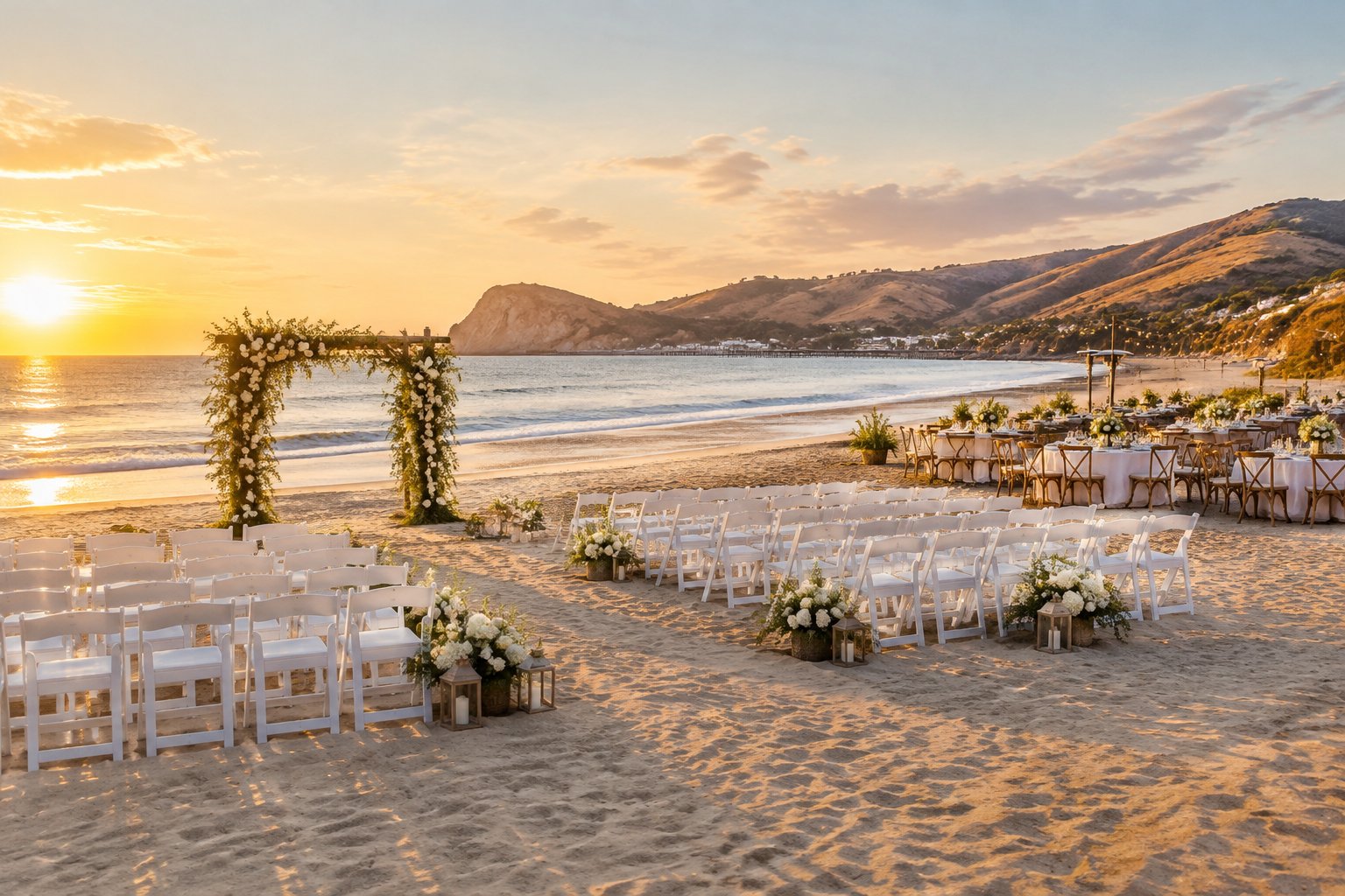 An elegant wedding ceremony setup on a sandy beach with the ocean and coastal hills in the background.