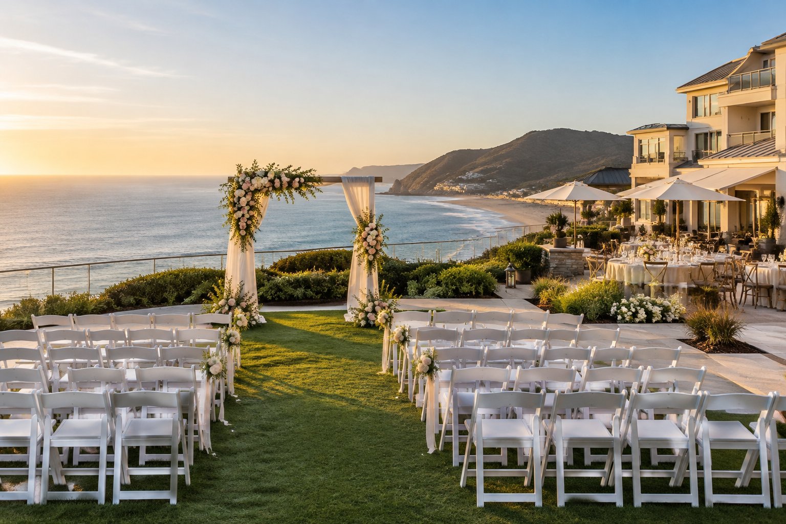 Elegant hotel wedding ceremony setup on a coastal terrace overlooking the ocean in Avila Beach.