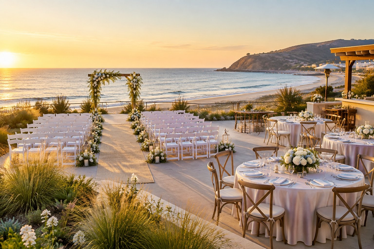 An elegant oceanfront wedding venue in Avila Beach with arranged ceremony chairs, reception tables, and a coastal view.