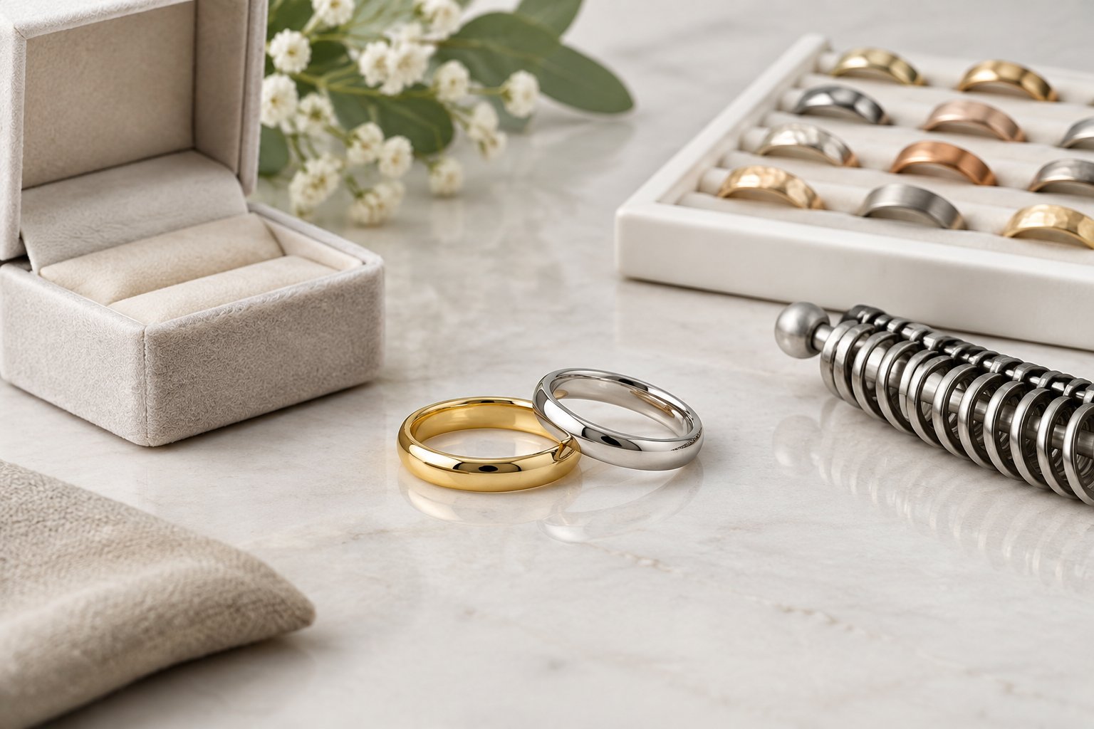 Two wedding bands displayed beside an open jewelry box and assorted ring samples.