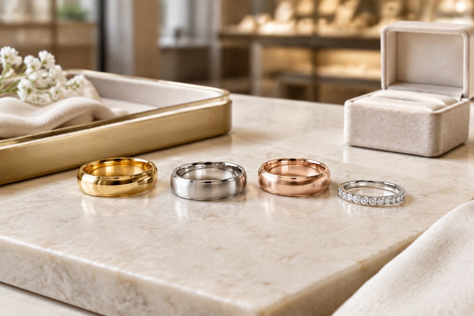 A selection of gold and platinum wedding bands displayed on a jeweler's tray beside an open ring box.