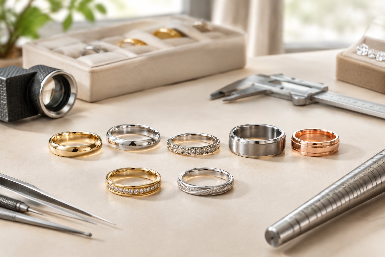 Several wedding bands with different metals, widths, and gemstone details displayed beside jewelry-making tools.