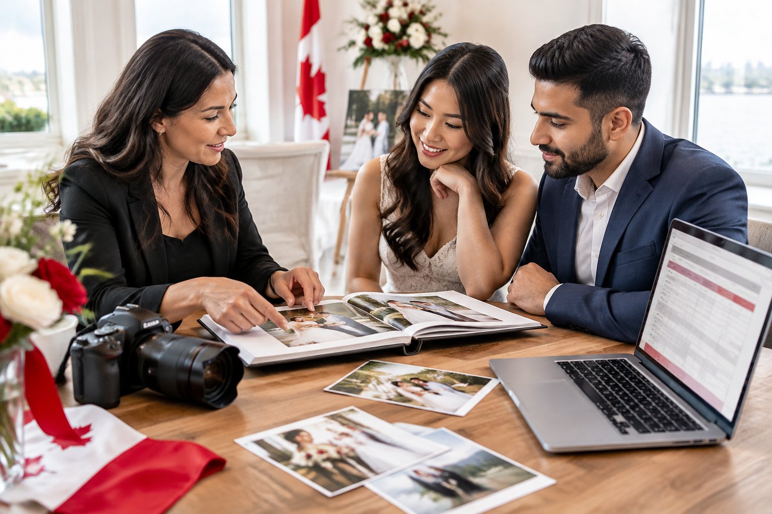 A wedding photographer discusses a portfolio and photography equipment with an engaged couple at a consultation table.