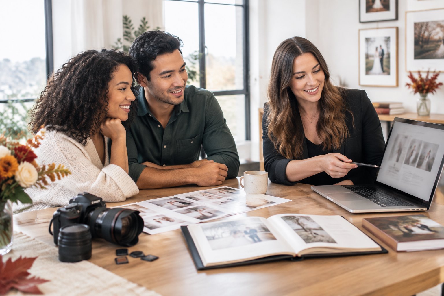 A Canadian couple reviews wedding photography options with a professional photographer.