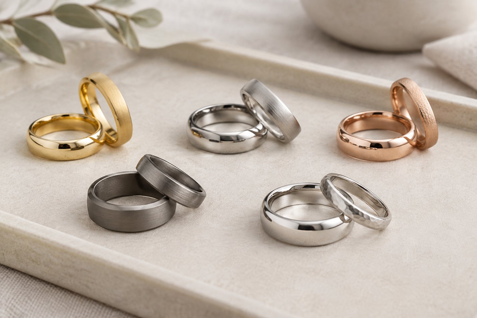 A selection of wedding bands in different metal colors and finishes arranged on a neutral jewelry display.