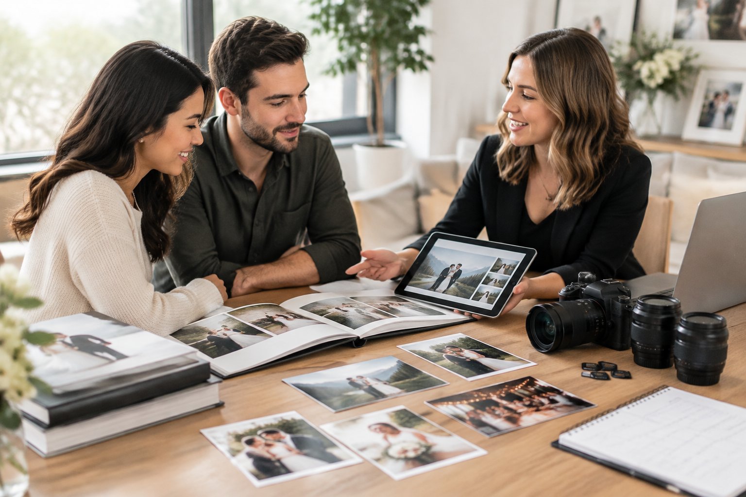 A wedding photographer discusses photography package options with an engaged couple beside cameras, albums, and a laptop.
