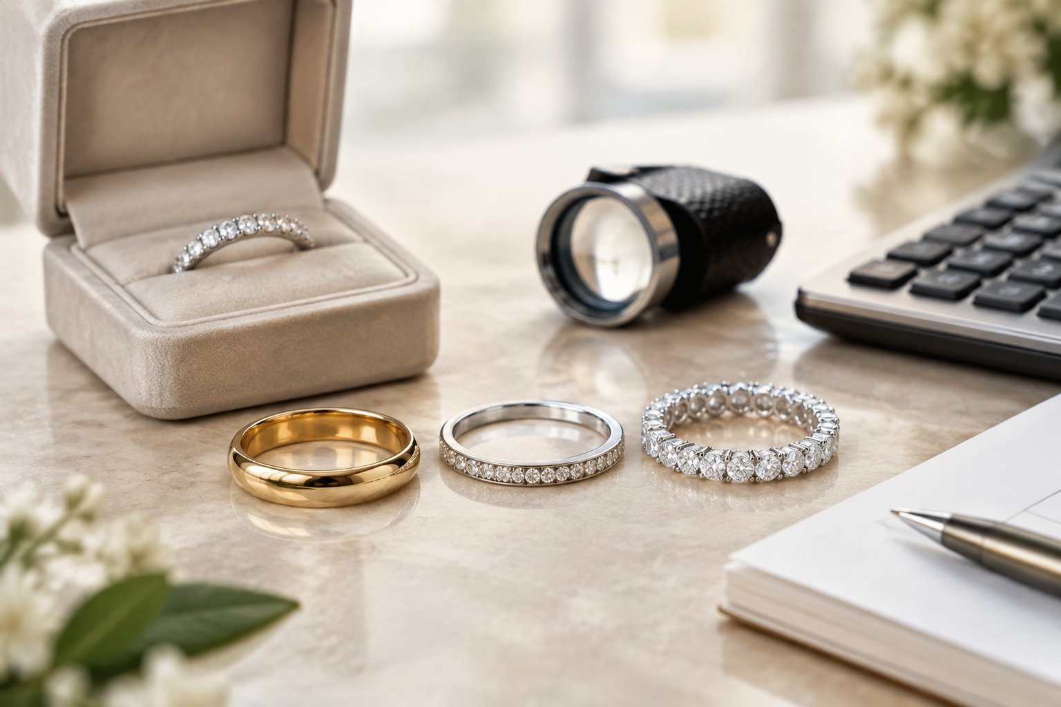 Diamond and gold wedding bands arranged beside an open jewelry box and budgeting tools.