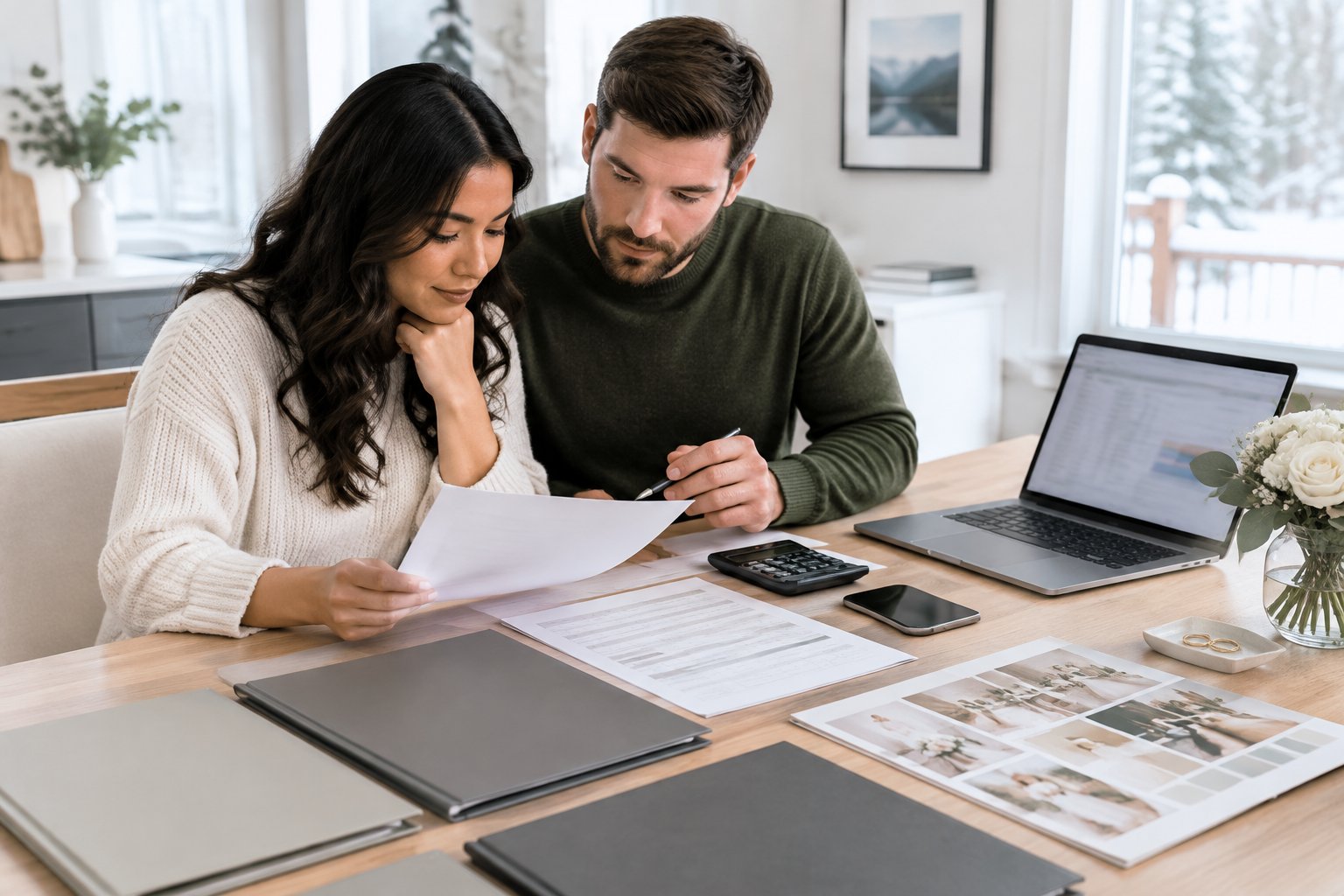 An engaged couple compares blank wedding photography quote documents at a table with a calculator and laptop.