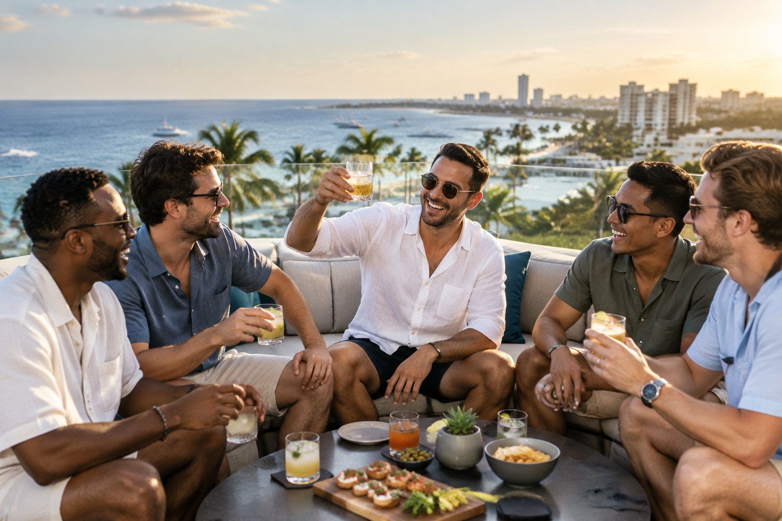A group of friends celebrating at a rooftop lounge overlooking a sunny coastal city.