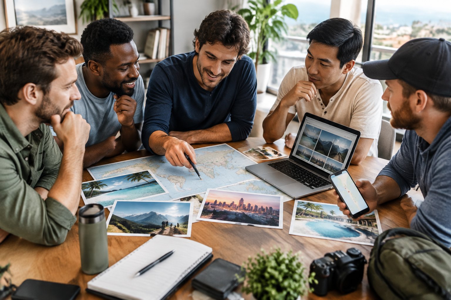 A group of friends compares travel options around a table while planning a bachelor party.