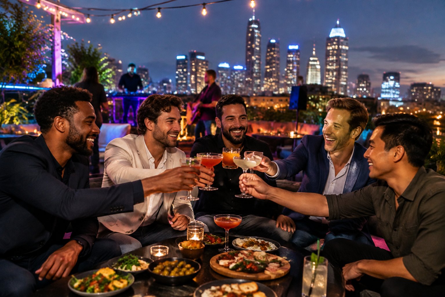A group of friends celebrates at a rooftop restaurant overlooking a brightly lit city skyline, with live music and gourmet food.