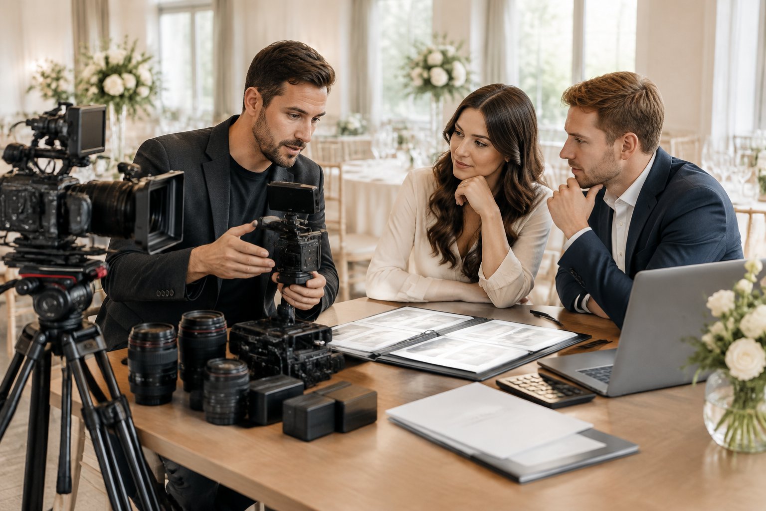 A wedding videographer discusses camera equipment and service options with an engaged couple at a wedding venue.