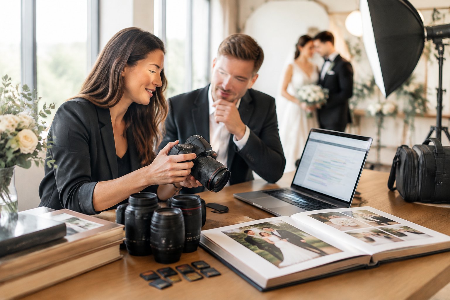 A wedding photographer discusses services beside professional camera equipment, wedding albums, and a laptop during a consultation.