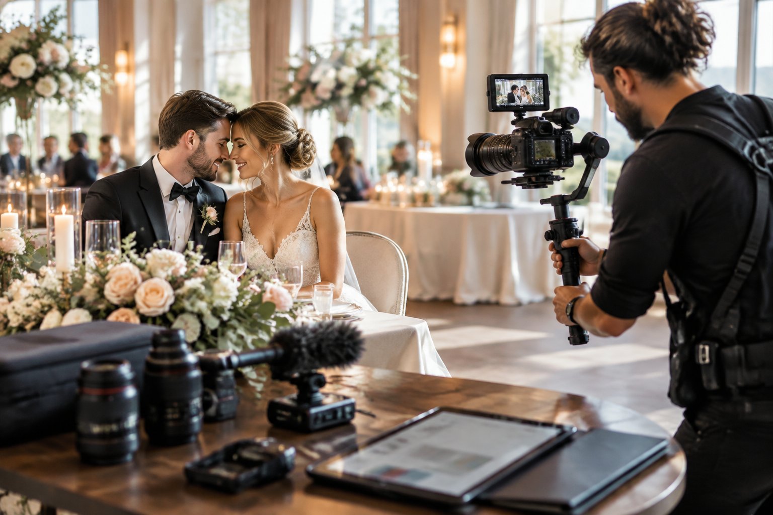 A wedding videographer films a newlywed couple at an elegant reception venue.