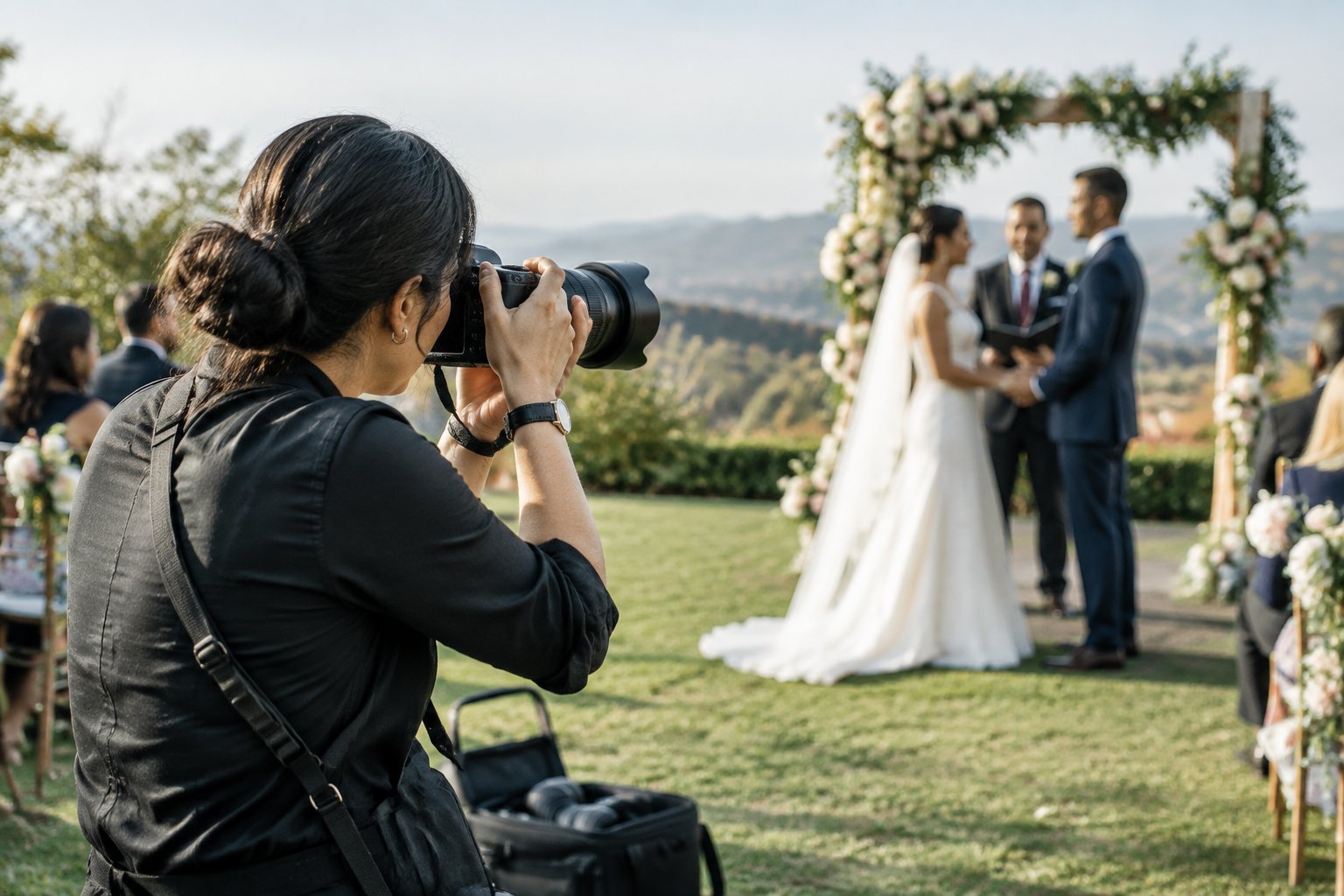 A wedding photographer takes a picture of a couple during an outdoor ceremony.