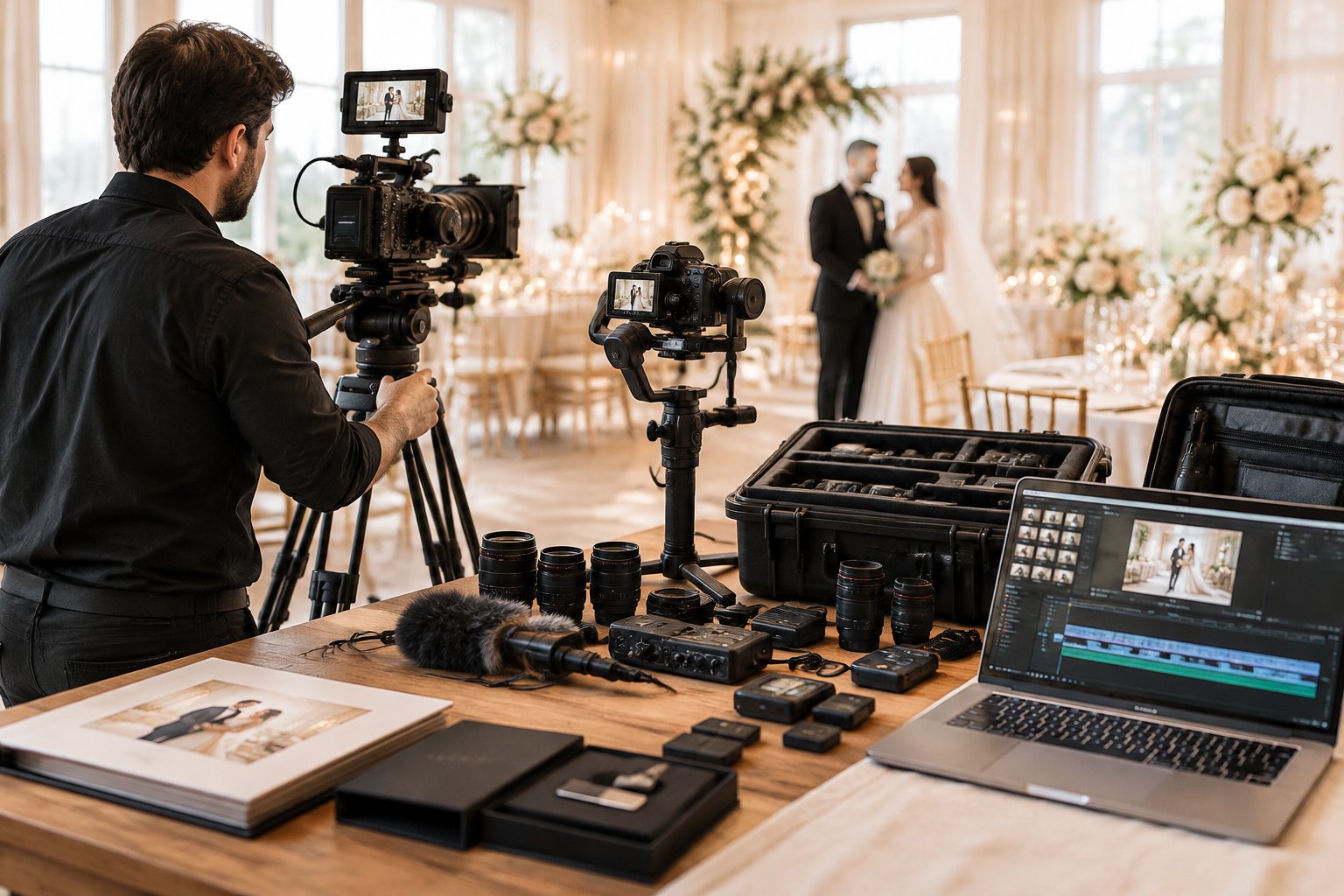 A wedding videographer films a couple at an elegant reception while professional video equipment is arranged nearby.