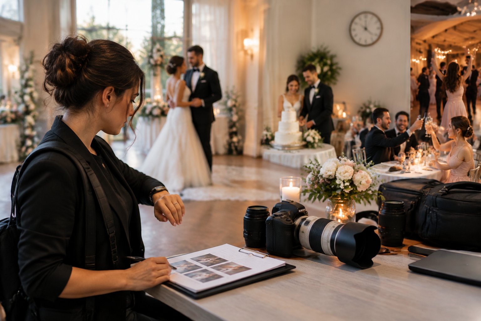 A wedding photographer reviews equipment and timing while photographing a bride and groom at a reception.